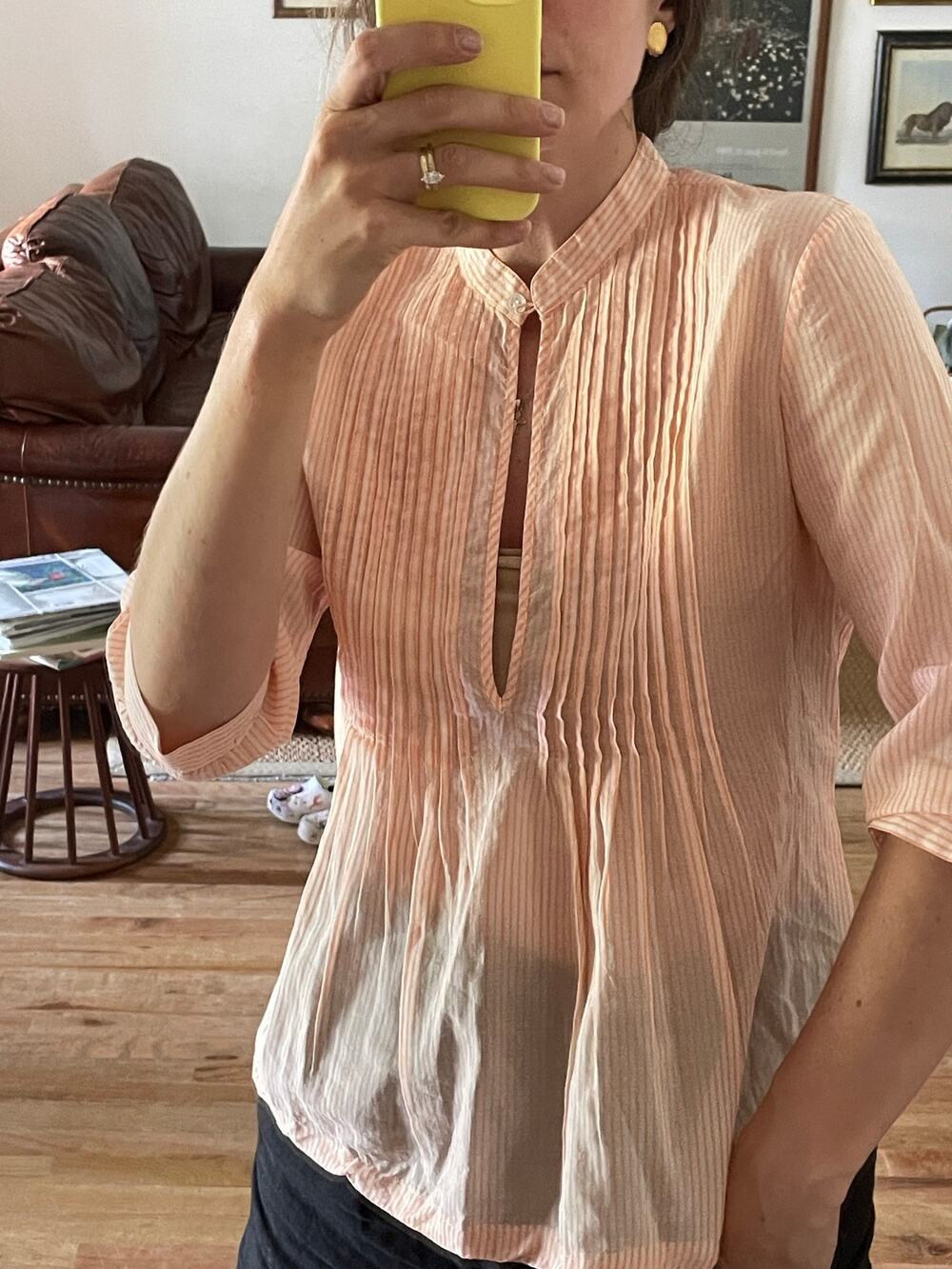 Theory Orange Creamsicle Cotton Pintuck Blouse